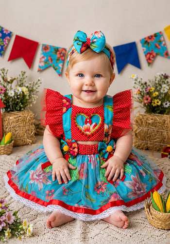 Jardineira Saia Junina Arraiá Baby Vermelho e Azul - Luxo