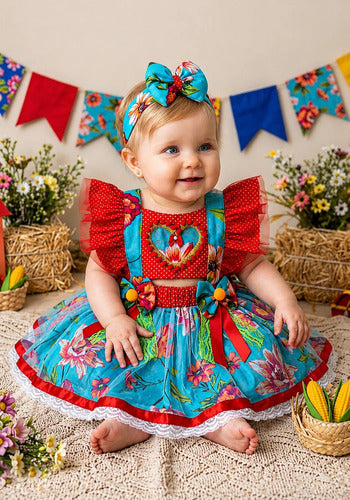Jardineira Saia Junina Arraiá Baby Vermelho e Azul - Luxo