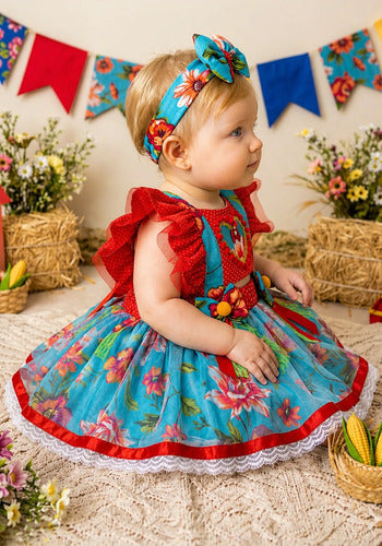 Jardineira Saia Junina Arraiá Baby Vermelho e Azul - Luxo
