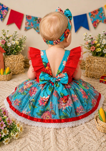 Jardineira Saia Junina Arraiá Baby Vermelho e Azul - Luxo