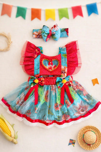 Jardineira Saia Junina Arraiá Baby Vermelho e Azul - Luxo