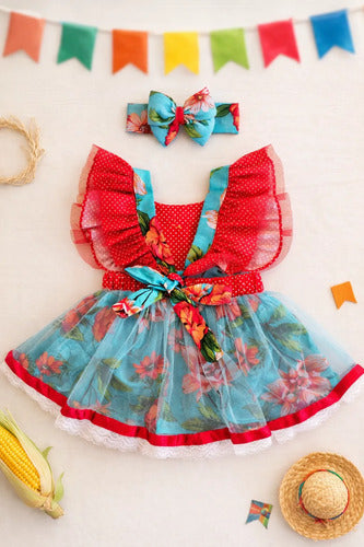 Jardineira Saia Junina Arraiá Baby Vermelho e Azul - Luxo