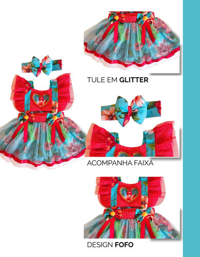 Jardineira Saia Junina Arraiá Baby Vermelho e Azul - Luxo