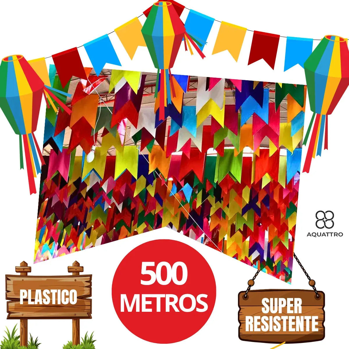 Kit 500 Metros Bandeirinha Festa Junina Plástica AQUATTRO