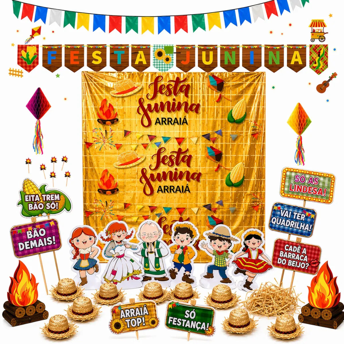 Kit Decoração Festa Junina 131 Enfeites + Painel + Fogueira Premium AQUATTRO