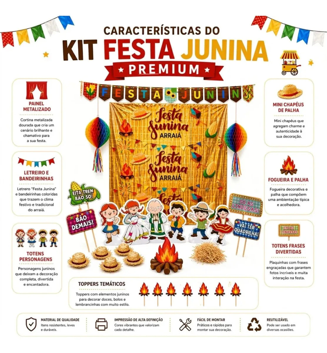 Kit Decoração Festa Junina 131 Enfeites + Painel + Fogueira Premium AQUATTRO