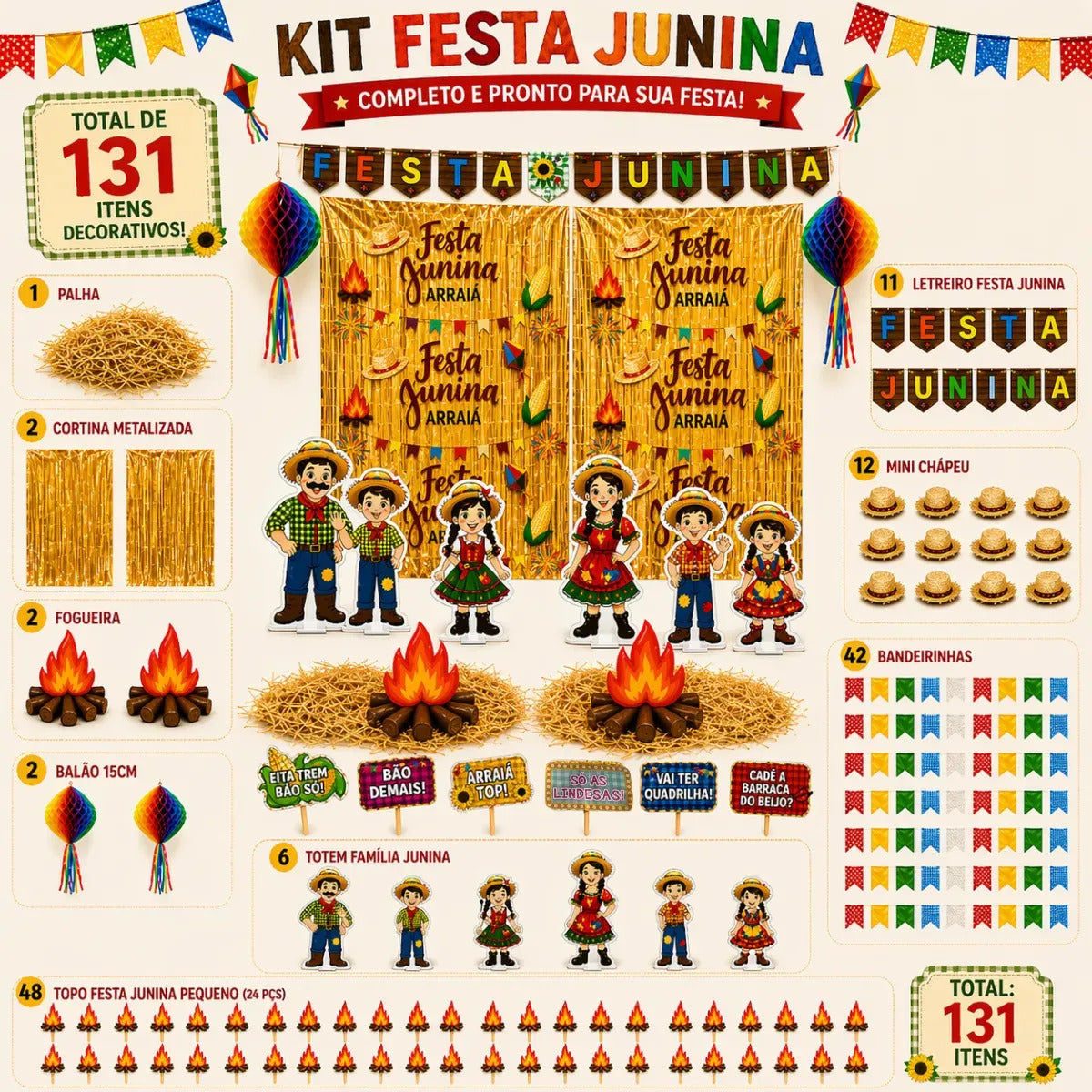 Kit Decoração Festa Junina 131 Enfeites + Painel + Fogueira Premium AQUATTRO