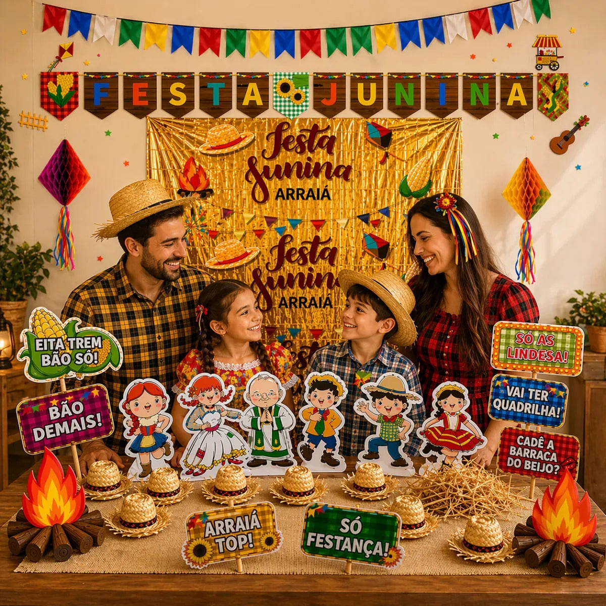 Kit Decoração Festa Junina 131 Enfeites + Painel + Fogueira Premium AQUATTRO