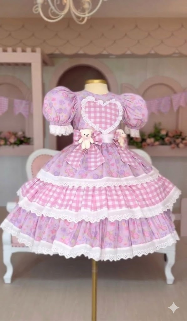 Vestido de Festa Junina – Rosa Encanto dos Ursinhos