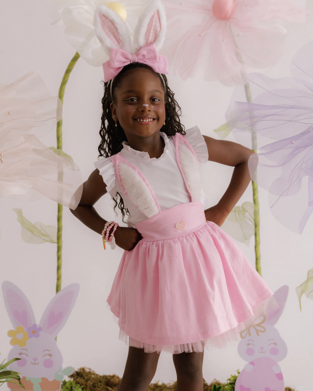 Conjunto Vestido Jardineira Luxo + Blusa Babadinhos Páscoa