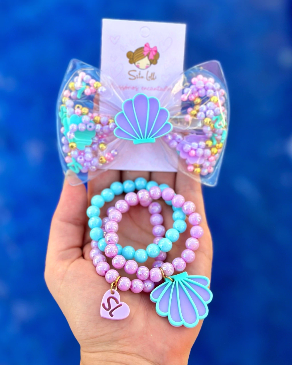 Kit Completo Sereia (Chapéu + Bolsa + Laço Piscina + Pulseira)