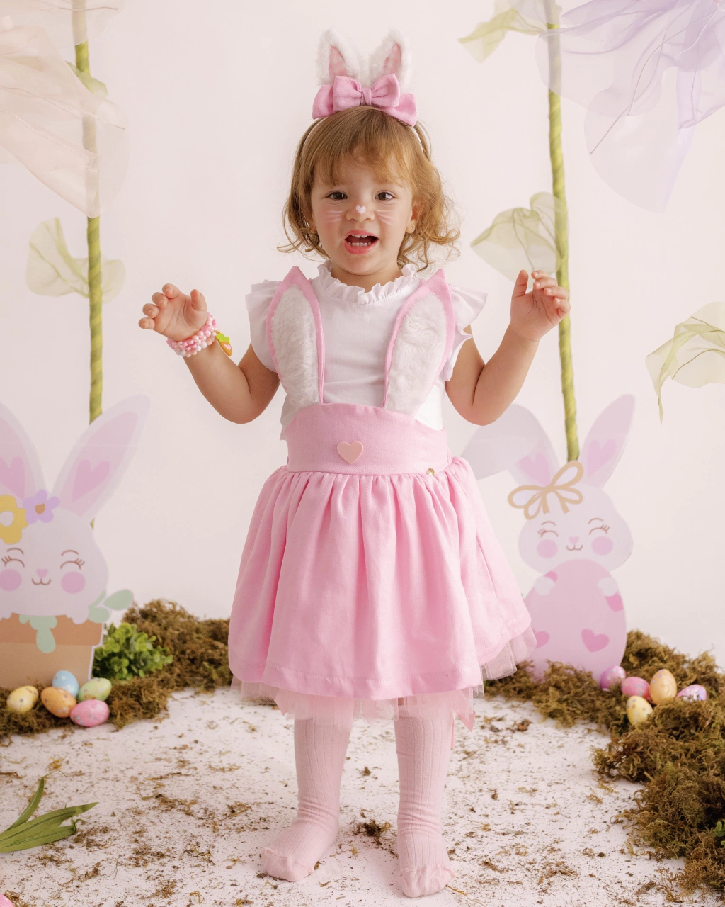 Conjunto Vestido Jardineira Luxo + Blusa Babadinhos Páscoa