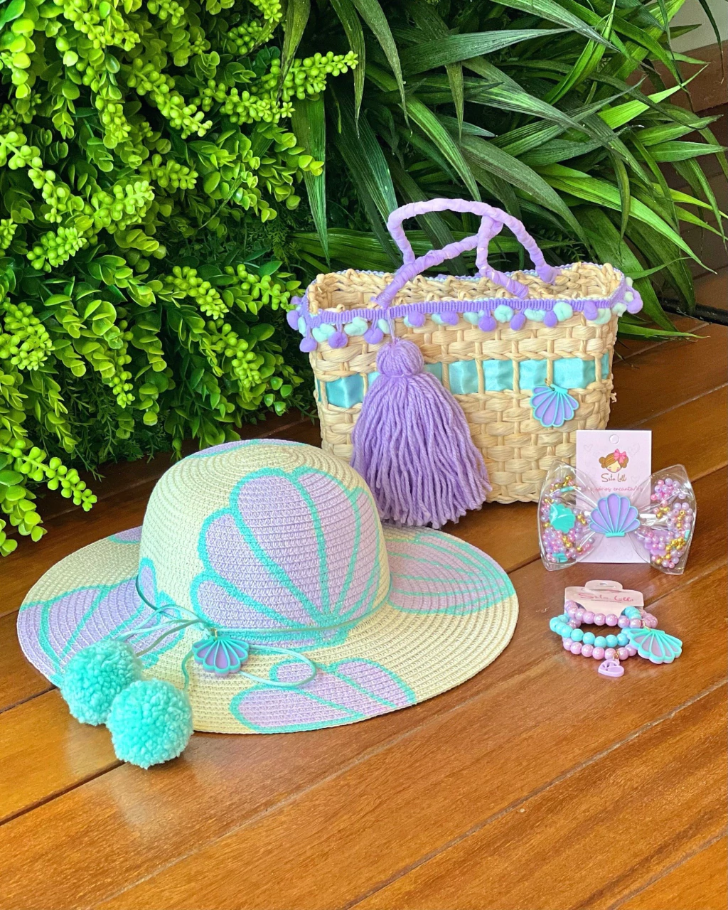 Kit Completo Sereia (Chapéu + Bolsa + Laço Piscina + Pulseira)
