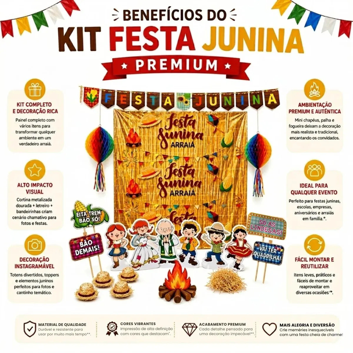 Kit Decoração Festa Junina 131 Enfeites + Painel + Fogueira Premium AQUATTRO